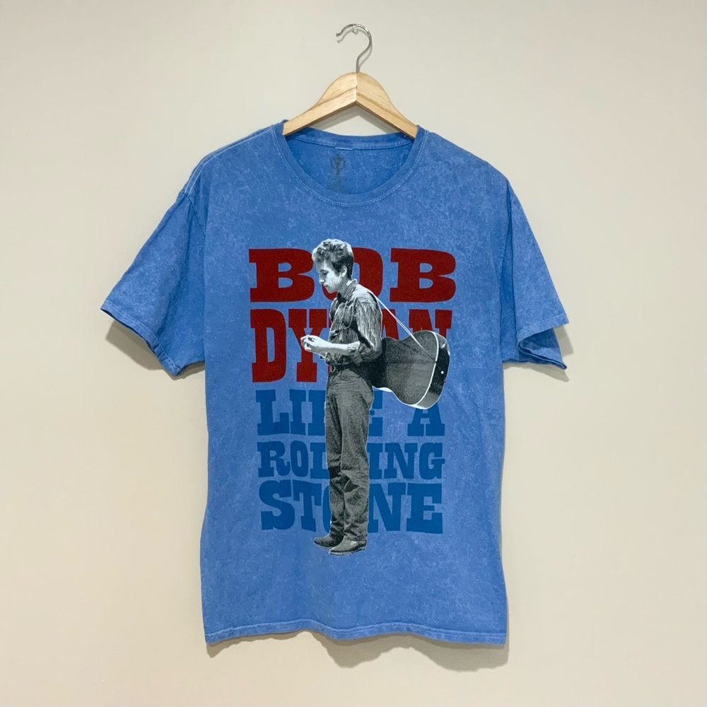 Authentic Bob Dylan merch, blue graphic t-shirt w/red & blue letters